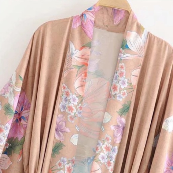 Boho Tan Floral Peacock Kimono Duster Robe Wrap - Picture 11 of 14